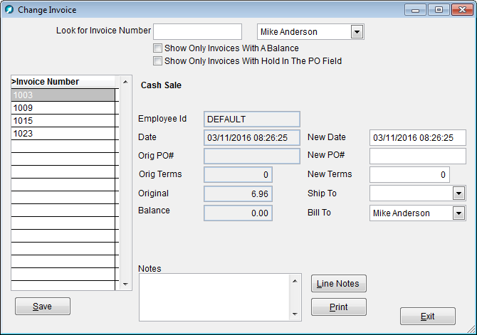 Invoice Type Change Change Invoice window