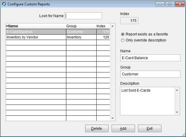 Configure Custom Reports window