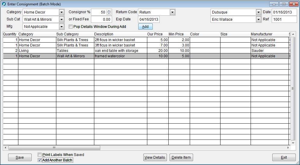 Enter Consignment (Batch Mode) window