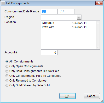 List Consignment window