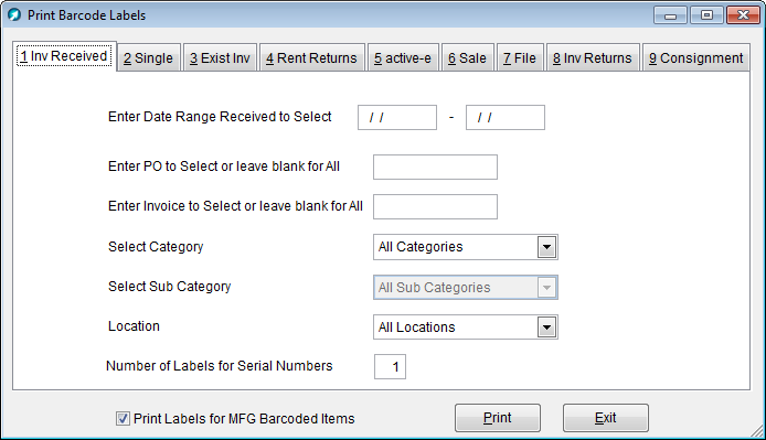 Print Barcode Labels window