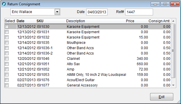 Return Consignment window