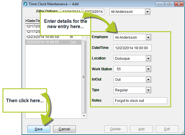 Add a time clock entry for an employee